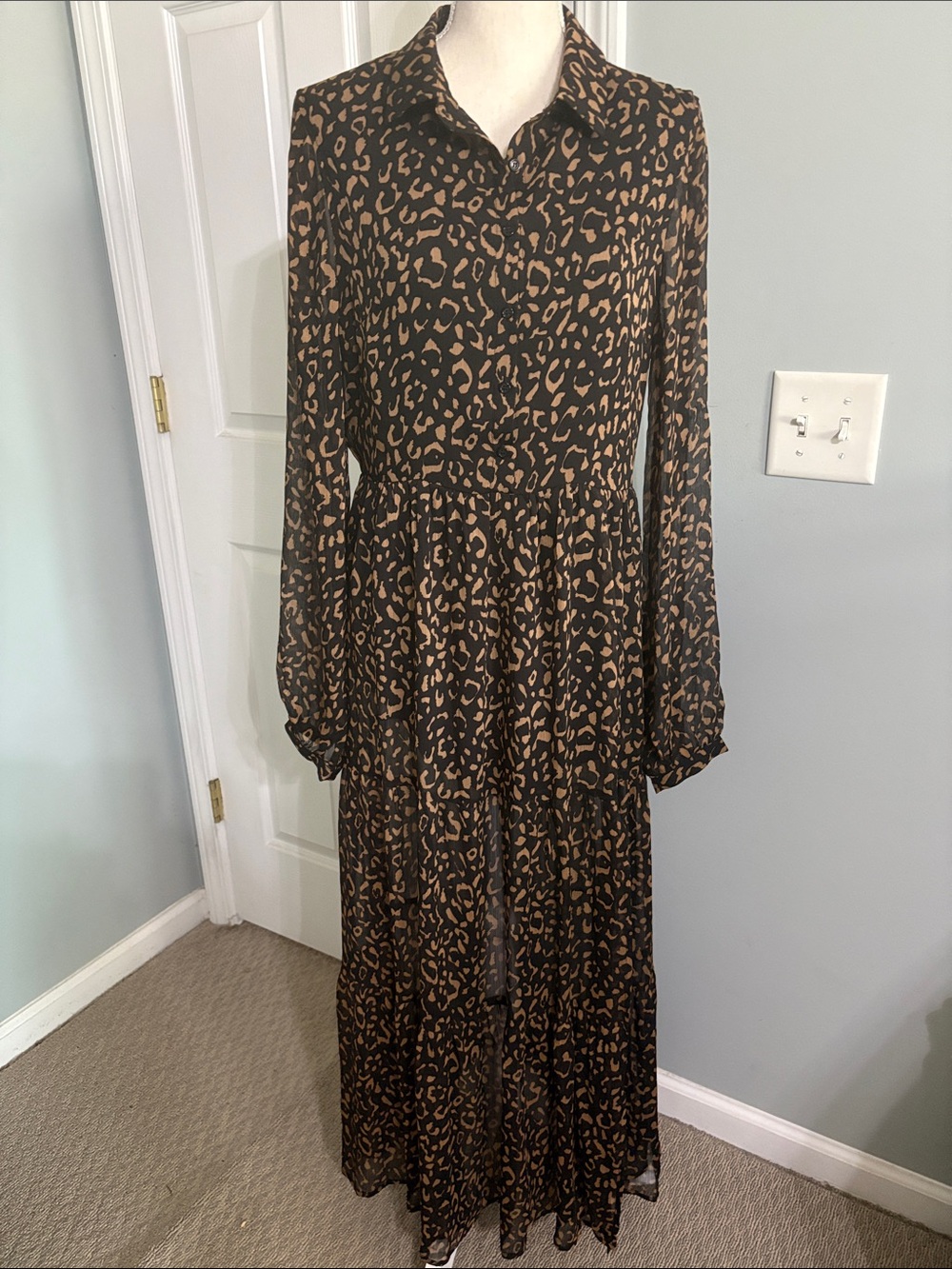 Karlie Leopard Print Long Sleeve Maxi Dress